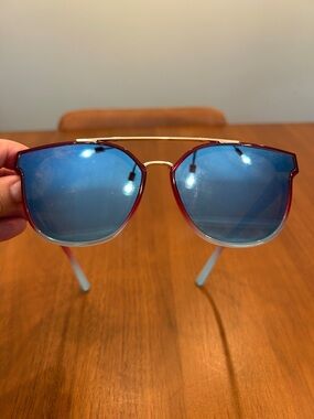 Round Red Sunglasses with Blue Gradient Lenses